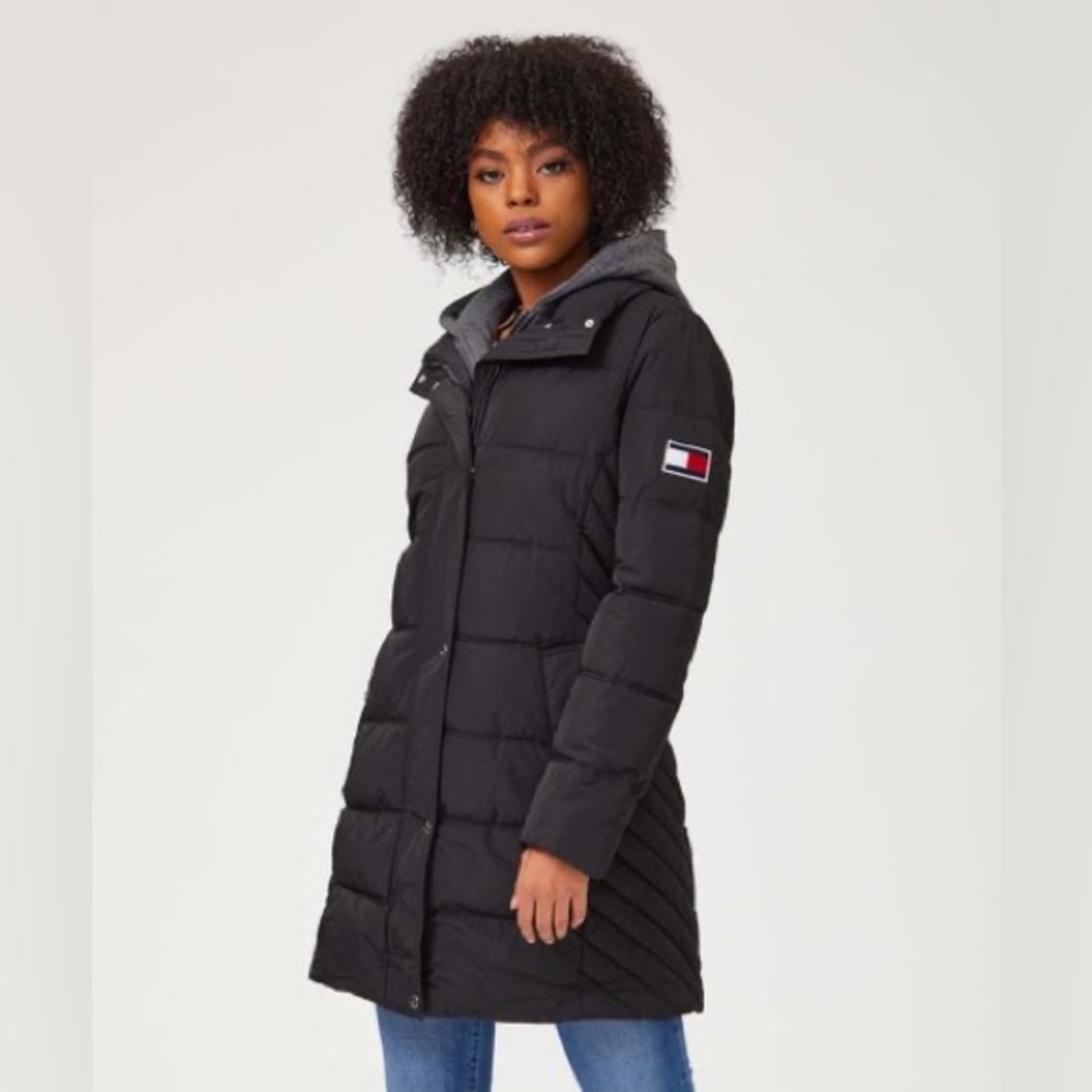 Tommy Hilfiger S Black Puffer Coat Grey Sweatshirt Hood Zipper Pockets Excellent